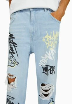 BERSHKA With Print - Straight Leg Jeans - Light Blue -Heren Kleding Winkel 27b05d515b6f43de84c6cf7863c11e43