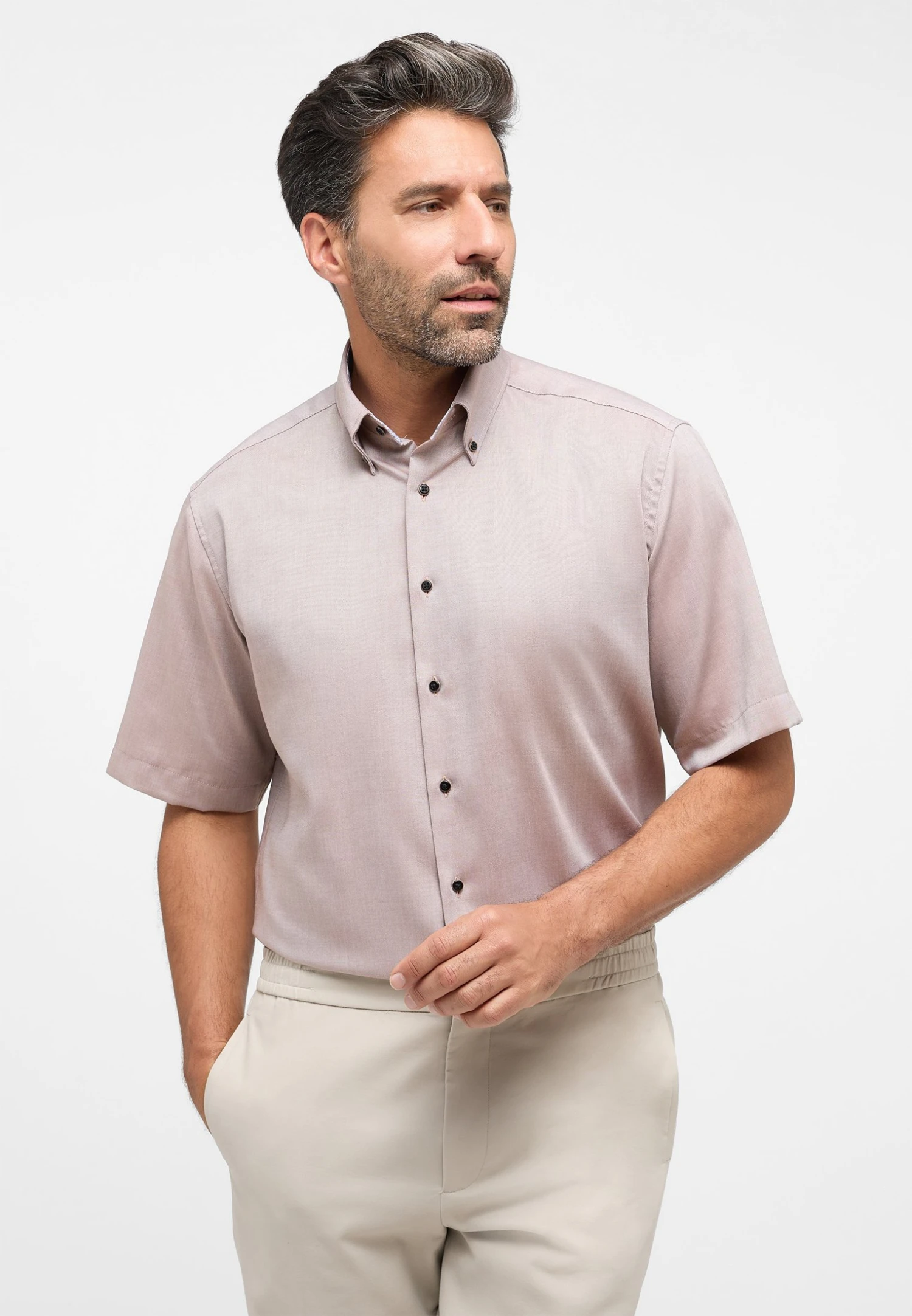 Eterna Unifarbenes Oxford Kurzarm Comfort Fit - Overhemd - Beige 1 Eterna Unifarbenes Oxford Kurzarm Comfort Fit - Overhemd - Beige