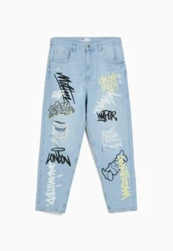 BERSHKA With Print - Straight Leg Jeans - Light Blue -Heren Kleding Winkel 68a9bd3ad899476eaaf3006a122460df