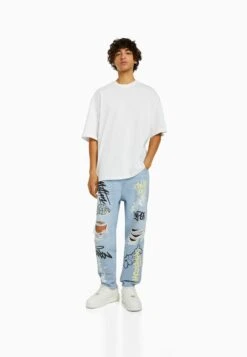 BERSHKA With Print - Straight Leg Jeans - Light Blue