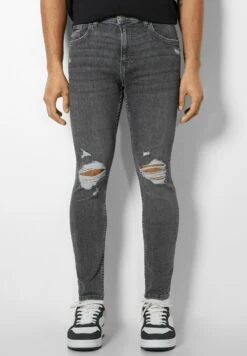 BERSHKA Ripped- Jeans Skinny Fit - Mottled Dark Grey